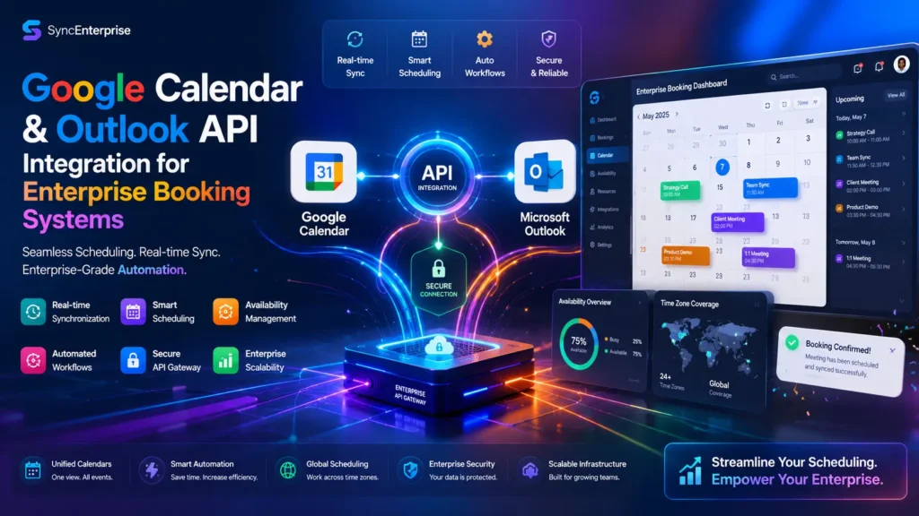 Enterprise booking platform integrating Google Calendar and Outlook APIs with real-time scheduling, synchronization, availability management, and secure calendar automation.