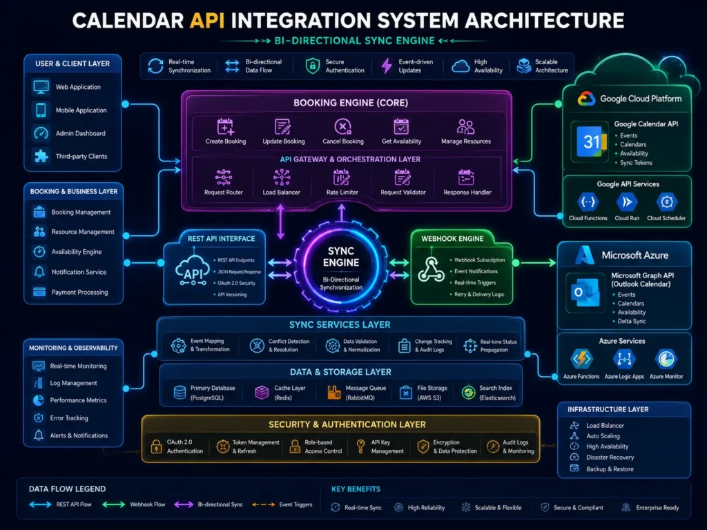Technical system diagram showing Calendar API integration architecture with a Booking Engine connecting to Google Cloud Platform and Microsoft Azure via REST API and webhook subscription pathways.