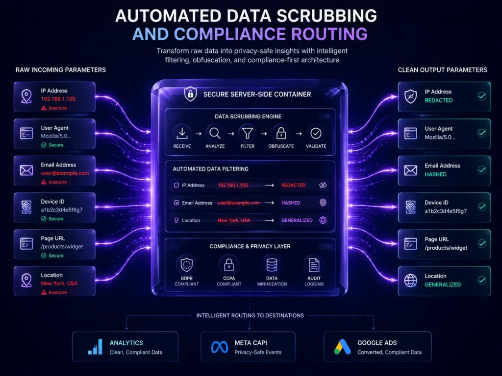 Server-side GTM tracking data flow showing automated filtering of sensitive IP and identity parameters before reaching third parties