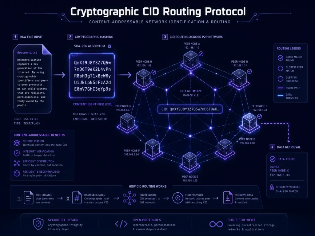 Decentralized storage for web apps showing cryptographic CID hash values routing files across a secure peer-to-peer network of distributed nodes.