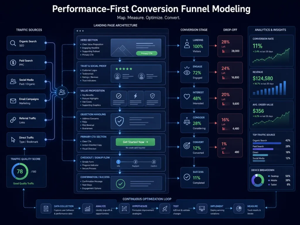Website redesign for ROI — flow map showing user traffic moving through structured conversion-centered landing page modules toward a final CTA and conversion goal.