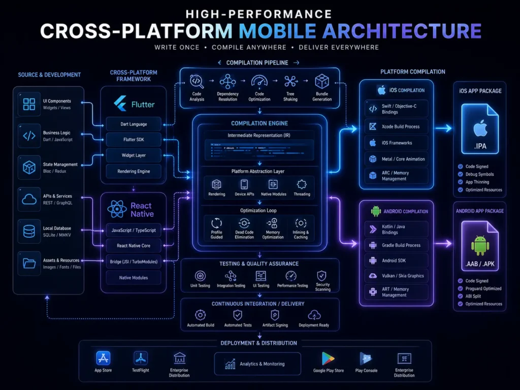 Flow matrix visualizing mobile application compilation stages into optimized iOS and Android deployment packages.