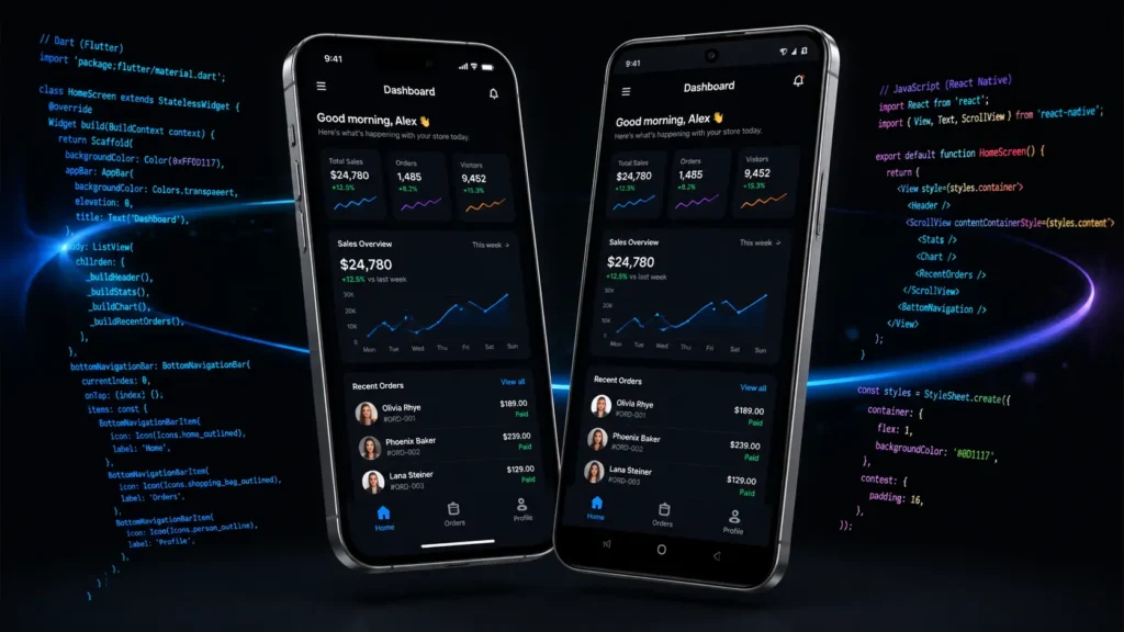 Identical mobile app interfaces on iOS and Android devices representing cross-platform mobile app development.