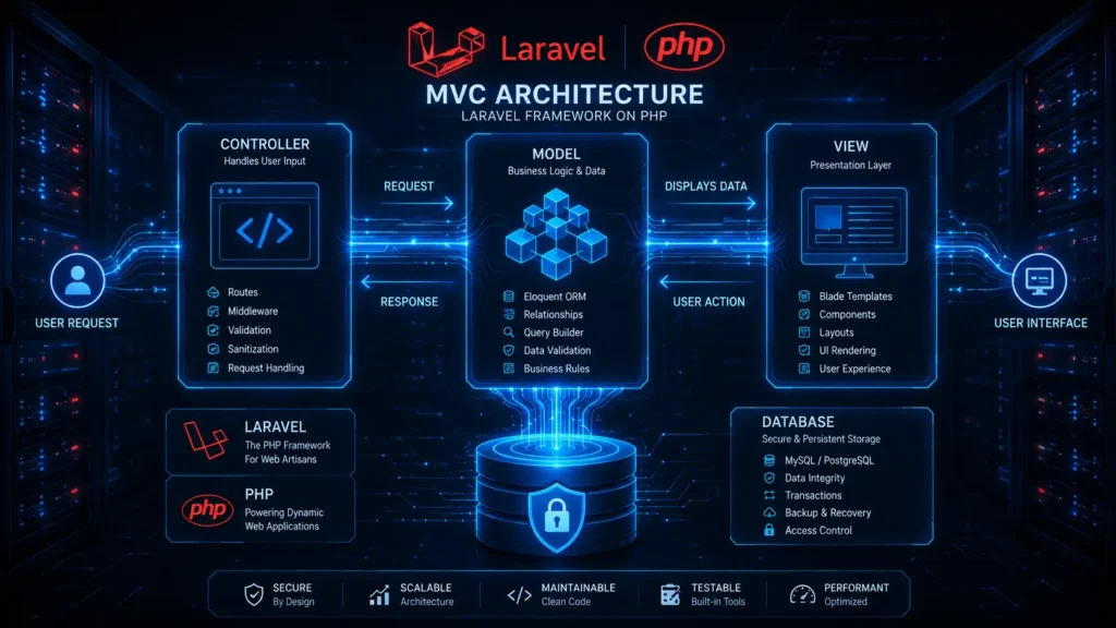 Secure backend database architecture representing custom Laravel development services.