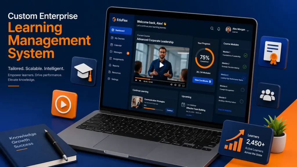 Modern custom lms development services dashboard on a laptop showing video lessons, course modules, student progress tracking, and certificate status