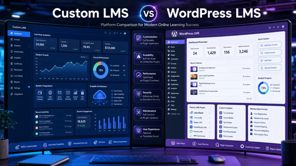 Custom LMS vs WordPress LMS comparison showing scalability, customization, performance, and online course management features.