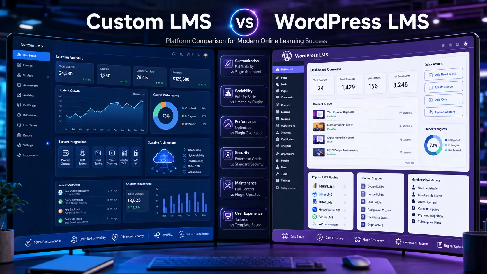 Custom LMS vs WordPress LMS comparison showing scalability, customization, performance, and online course management features.