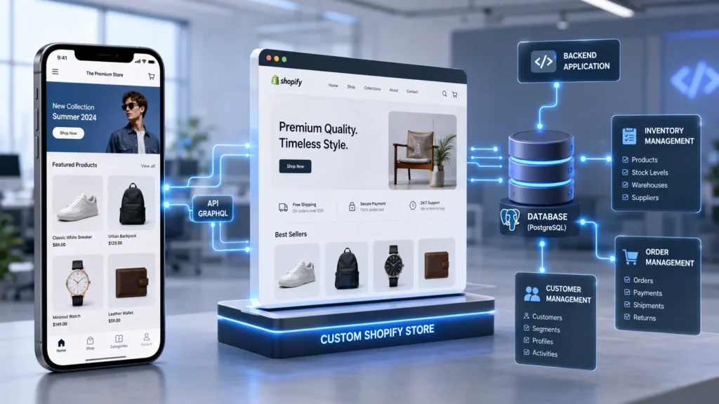 Custom Shopify development architecture showing mobile and desktop syncing.