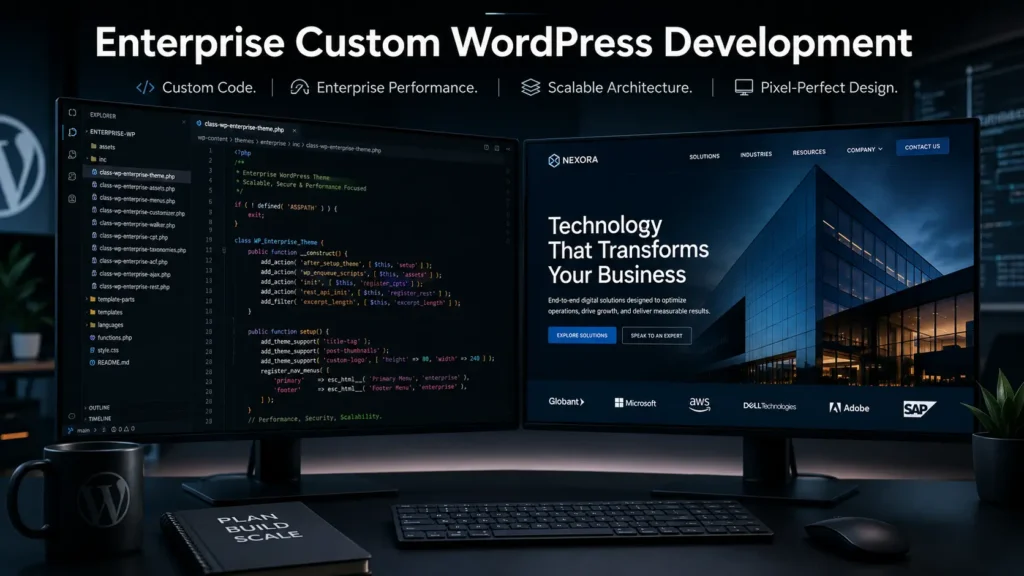 Custom WordPress development services dual monitor setup showing PHP code and enterprise website.