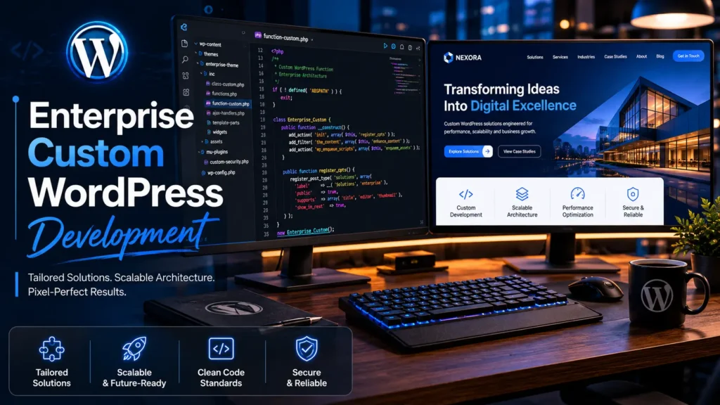 custom WordPress development services on a dual monitor developer setup showing PHP code and website rendering.