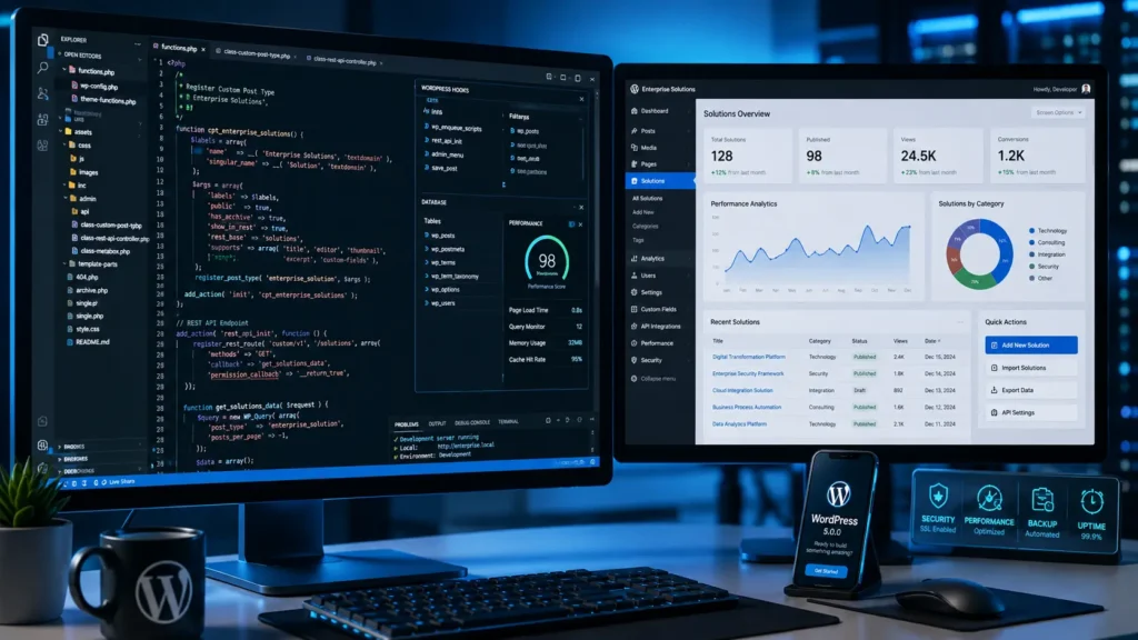 Enterprise custom WordPress development environment showing scalable CMS architecture, PHP code, API integrations, and high-performance website infrastructure.
