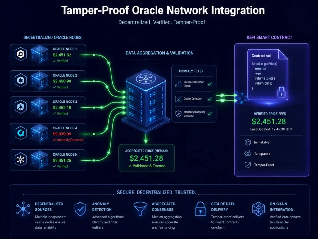 Smart contract security diagram showing decentralized oracle nodes streaming tamper-proof pricing data into a DeFi contract layer.