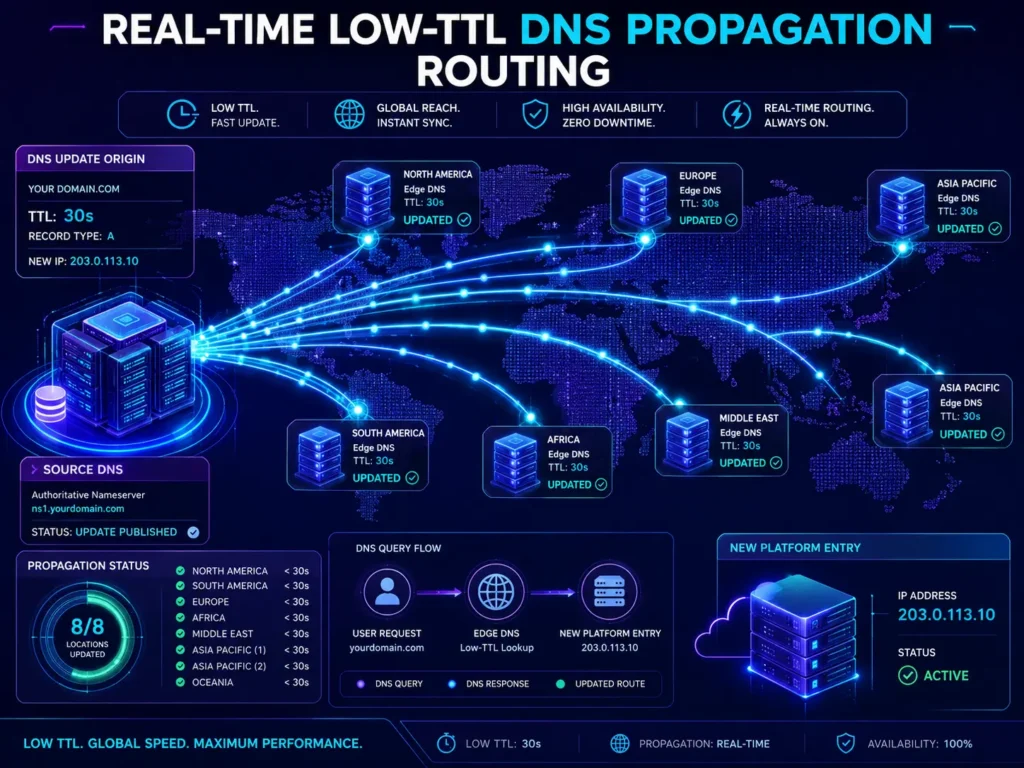Flow routing map demonstrating international edge networks updating DNS record targets instantly under low TTL constraints during zero-downtime website migration