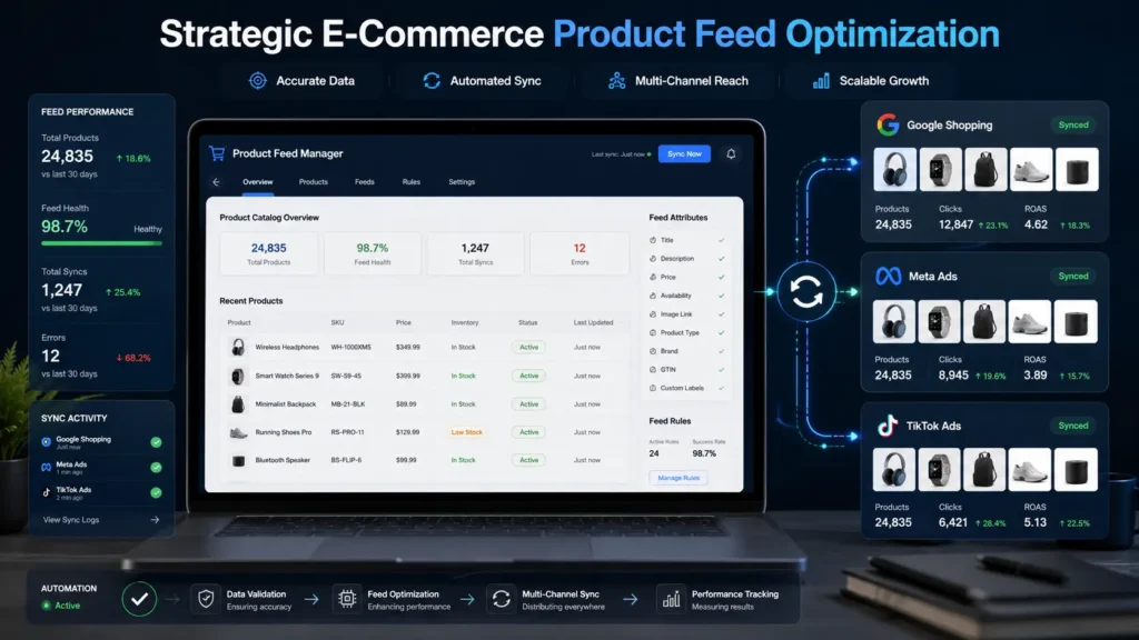 E-commerce product feed optimization dashboard showing synchronized product data across Google Shopping, Meta Ads, and TikTok Ads platforms.
