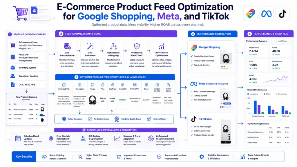 E-commerce product feed optimization infographic showing structured data flow across Google Shopping, Meta Ads, and TikTok Ads channel distribution.
