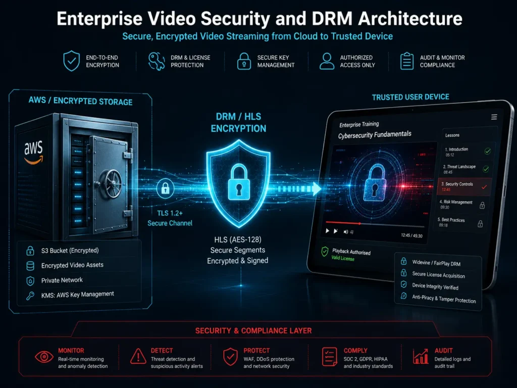 Diagram illustrating secure video streaming architecture with encrypted data routing to a user's device.
