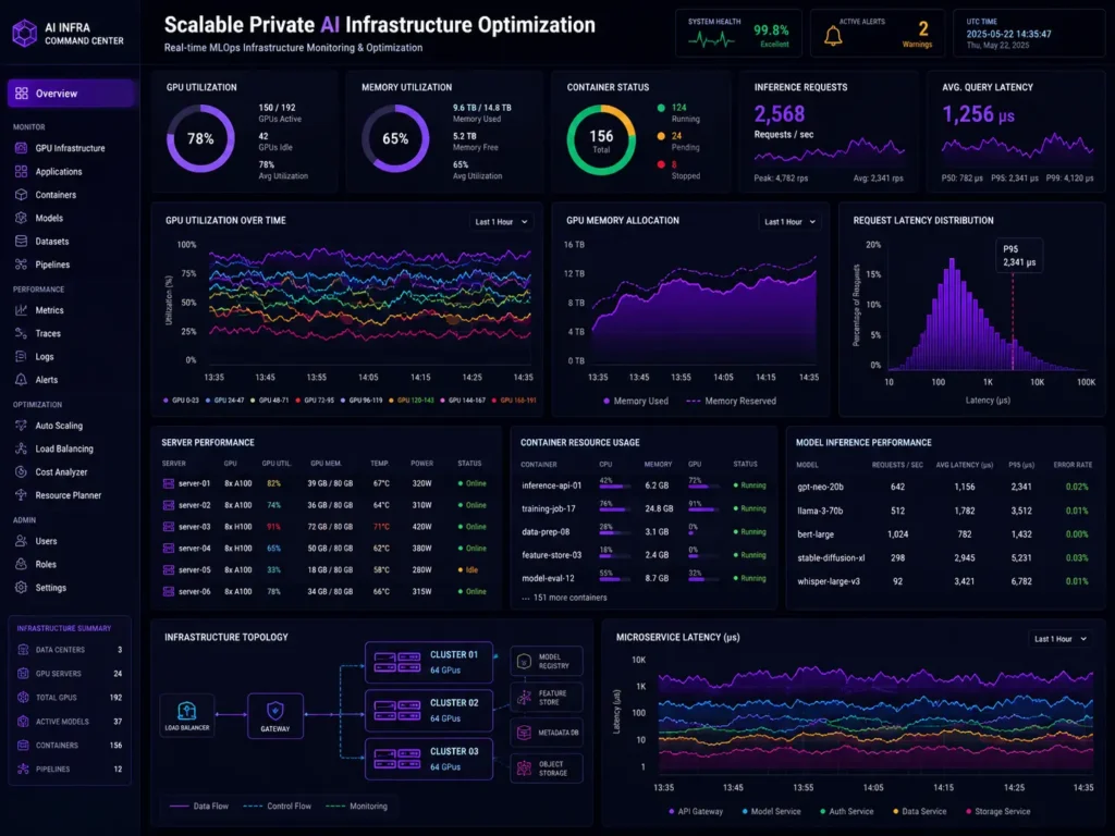 OpenAI API vs self-hosted AI infrastructure dashboard showing GPU usage, memory allocation, and server performance metrics for enterprise AI deployment.