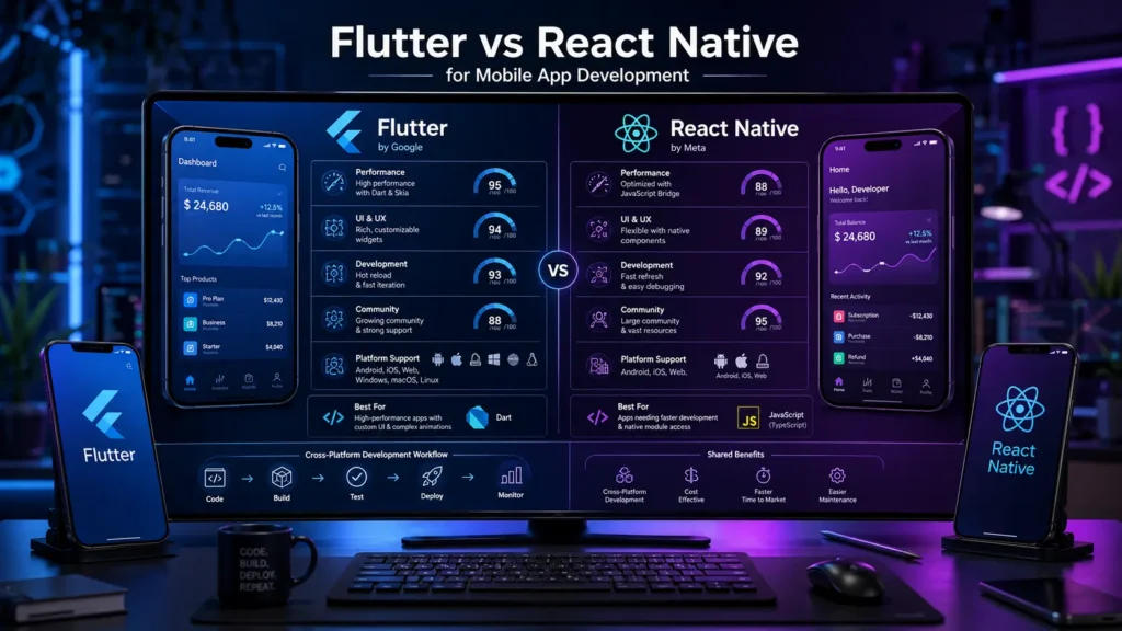 Flutter vs React Native comparison showing performance, cross-platform capabilities, UI flexibility, and development workflows.