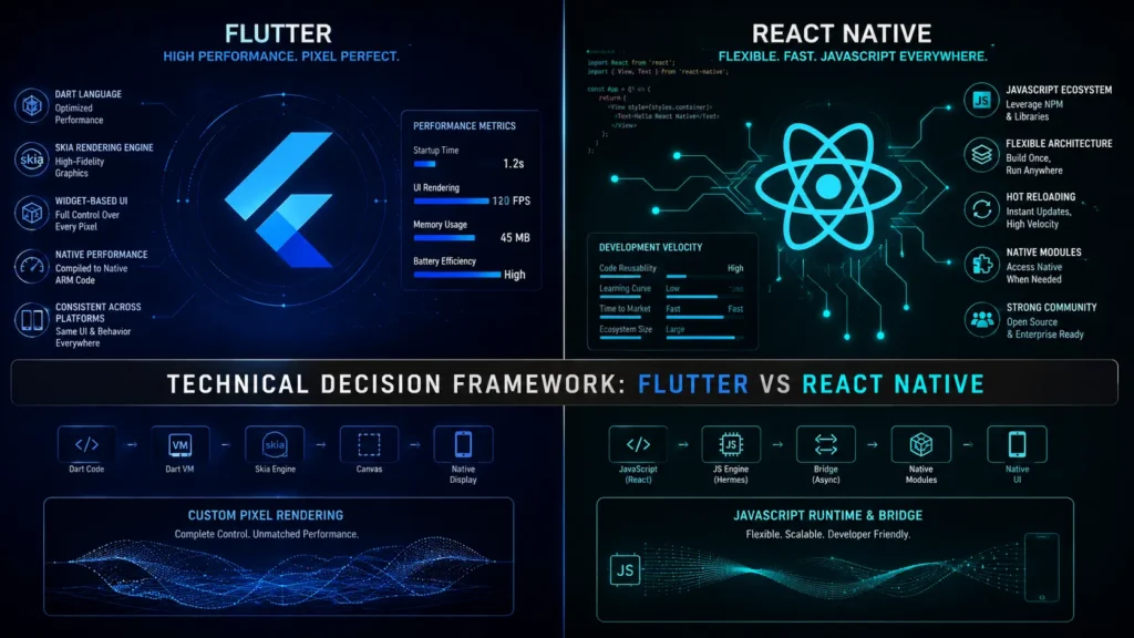 Split-screen layout showcasing the Flutter widget rendering canvas on the left and the React Native JavaScript ecosystem bridge on the right.
