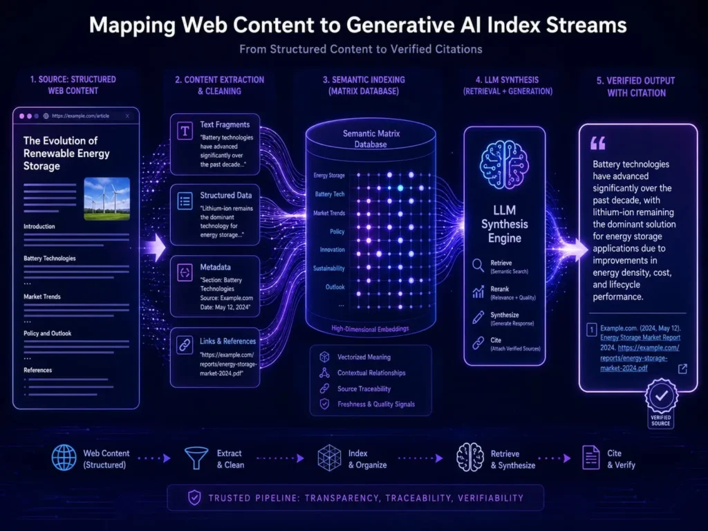 Hierarchical content structure showing how organized web content feeds into AI search synthesis and earns a citation