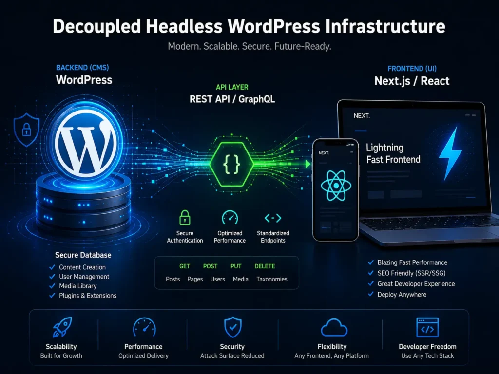 Diagram illustrating headless WordPress architecture connecting a React frontend to a WordPress backend via REST API.