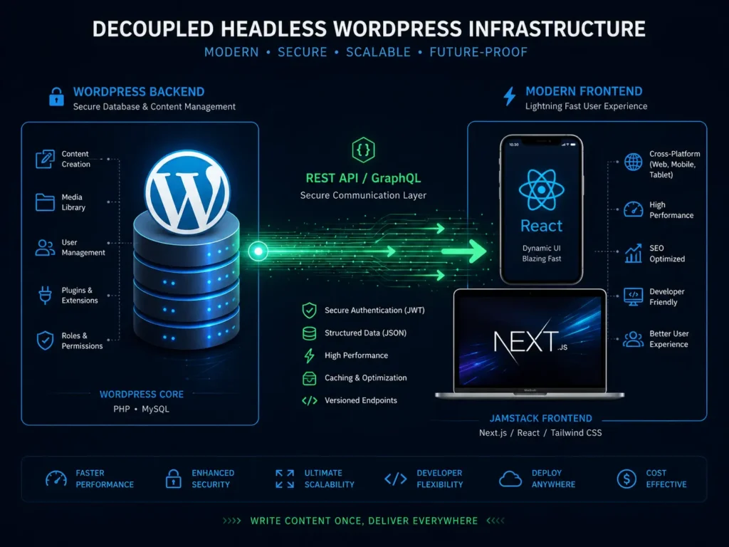 Diagram illustrating headless WordPress architecture connecting a React frontend to a WordPress backend via REST API.