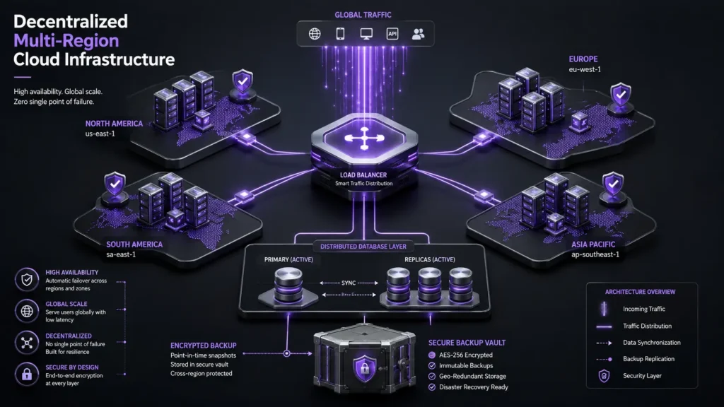 High-availability cloud infrastructure diagram showing load balancer routing traffic across redundant multi-zone server nodes with database replication