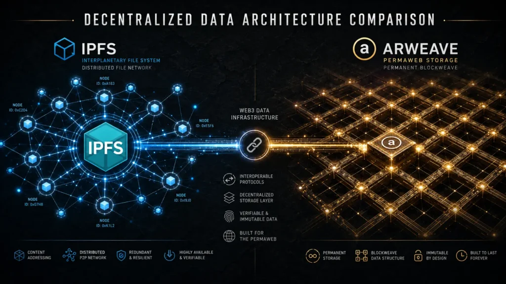 Decentralized storage for web apps comparison showing IPFS node distribution cluster alongside Arweave permanent blockweave database architecture.
