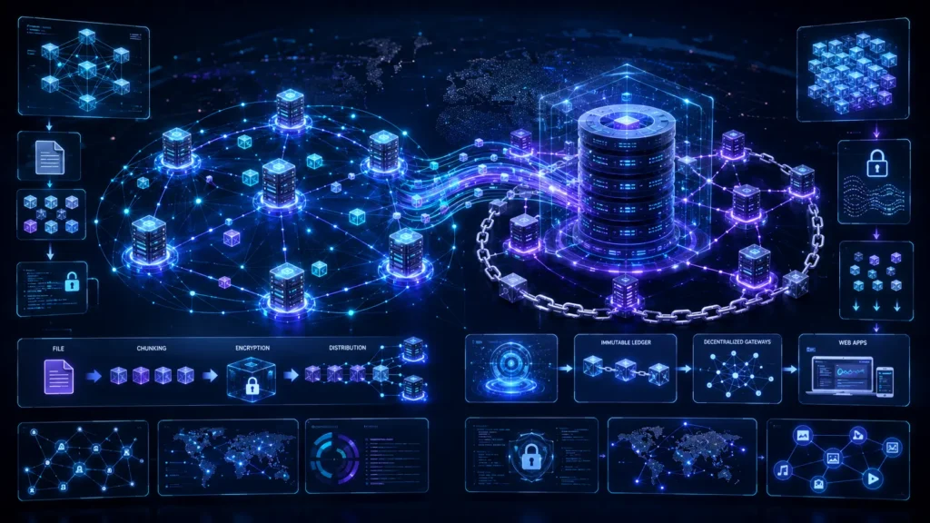 Decentralized storage for web apps using IPFS and Arweave distributed networks powering modern applications through blockchain-based data persistence.