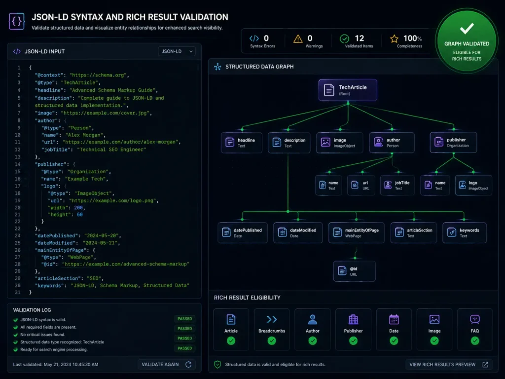 Advanced schema markup JSON-LD code validation interface showing structured entity graph with rich result eligibility checks