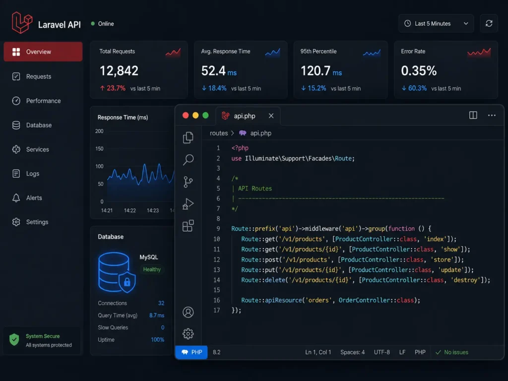 Laravel API routing dashboard showing secure endpoints and server performance.
