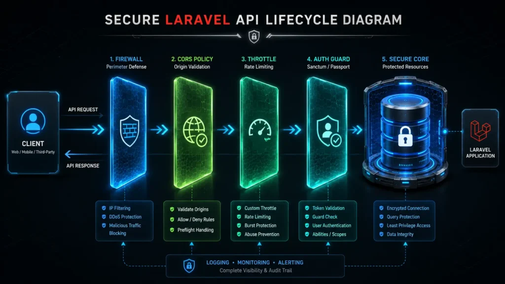 Laravel API Security Best Practices architecture showing a secure API request flow through middleware, authentication guards, and firewall protection.