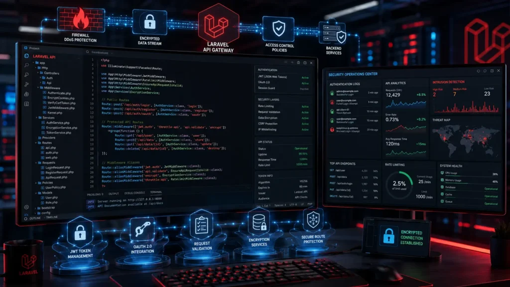 Laravel API security architecture featuring authentication, authorization, JWT tokens, rate limiting, encryption, and enterprise cybersecurity protection.