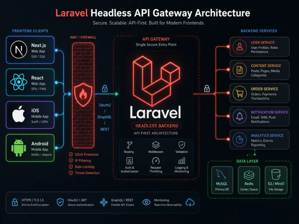 Laravel for enterprise applications — headless API gateway architecture serving mobile and web frontend components securely.