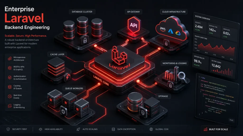 Laravel for enterprise applications — robust server architecture connecting databases, API gateways, and secure cloud hosting infrastructure.
