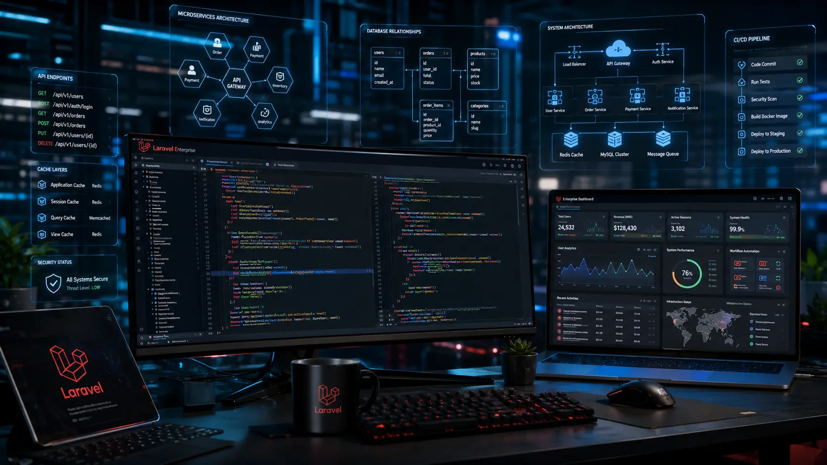 Side-by-side comparison of Node.js and Laravel backend architectures for SaaS platforms, highlighting performance, scalability, API development, and ecosystem differences.