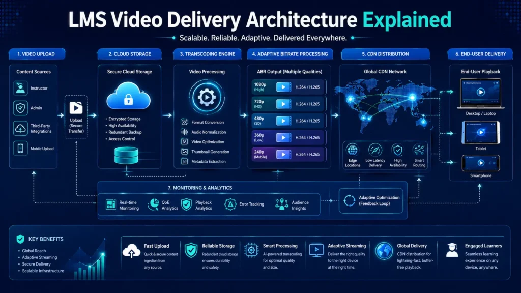 LMS video delivery architecture showing video storage, transcoding, CDN distribution, and student playback devices connected globally.