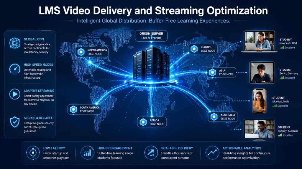 LMS video delivery optimization showing global streaming distribution with high-speed CDN nodes connecting to student devices worldwide.