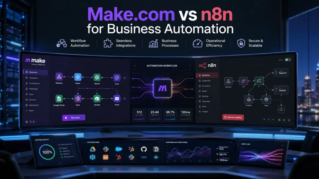 Make.com vs n8n automation platform comparison showing workflow automation, integrations, business processes, and operational efficiency.