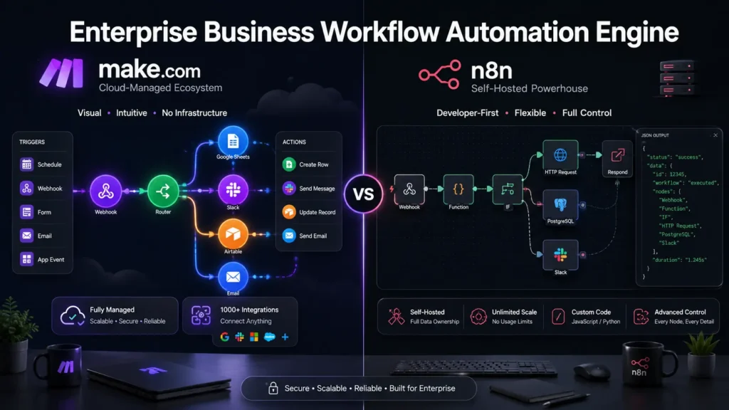 Make.com vs n8n split-screen comparison showing cloud-managed workflow automation alongside a developer-first self-hosted node pipeline.
