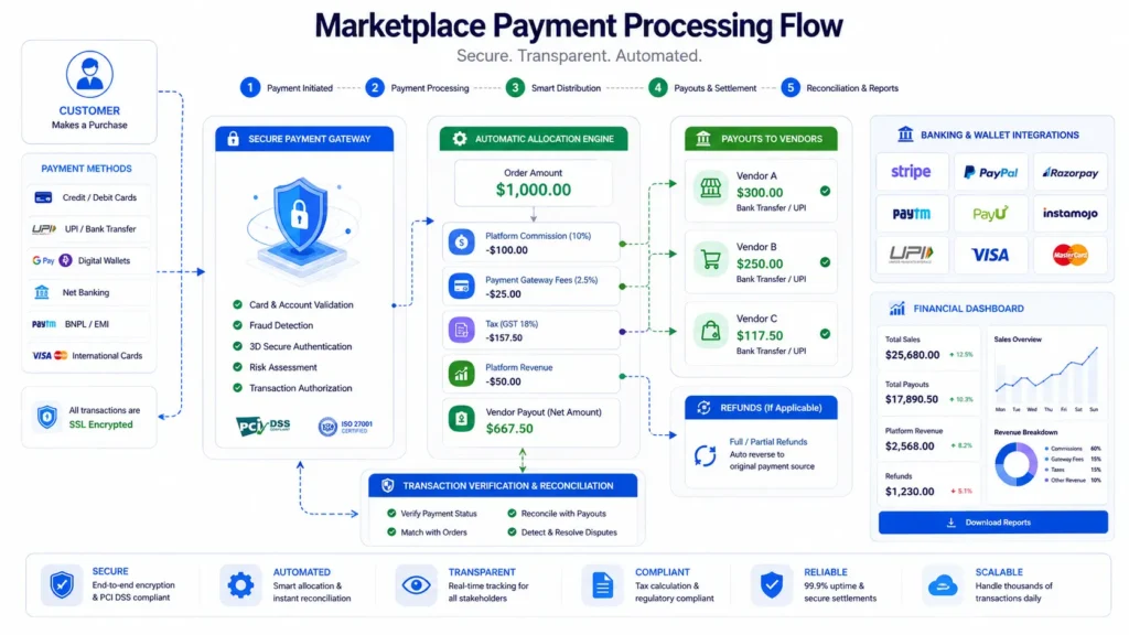 Multi-vendor marketplace payment flow showing commission distribution, vendor payouts, and transaction processing architecture.