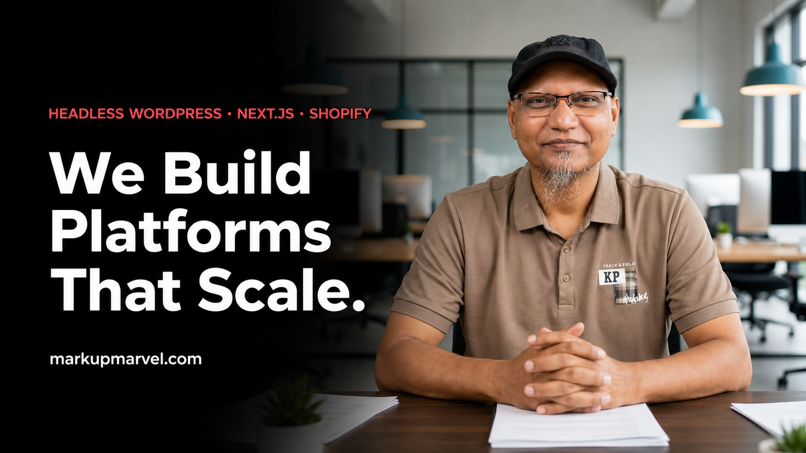 Mosharaf Hossain seated at desk in modern office — MarkupMarvel headless WordPress, Next.js and Shopify development agency