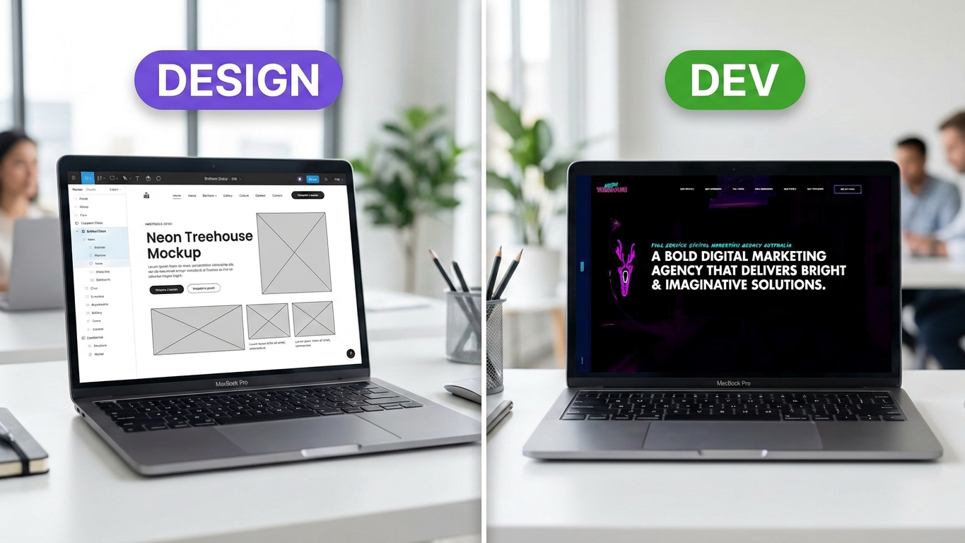 Neon Treehouse case study video — digital marketing agency website development with dark neon UI and Vimeo integration by MarkupMarvel