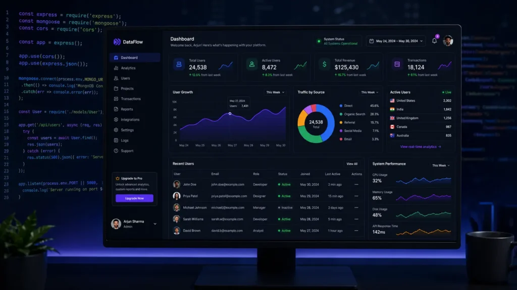 Modern SaaS dashboard UI representing MERN stack development services.