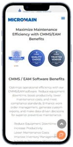 MicroMain CMMS and EAM software benefits page mobile view — WordPress website built by MarkupMarvel