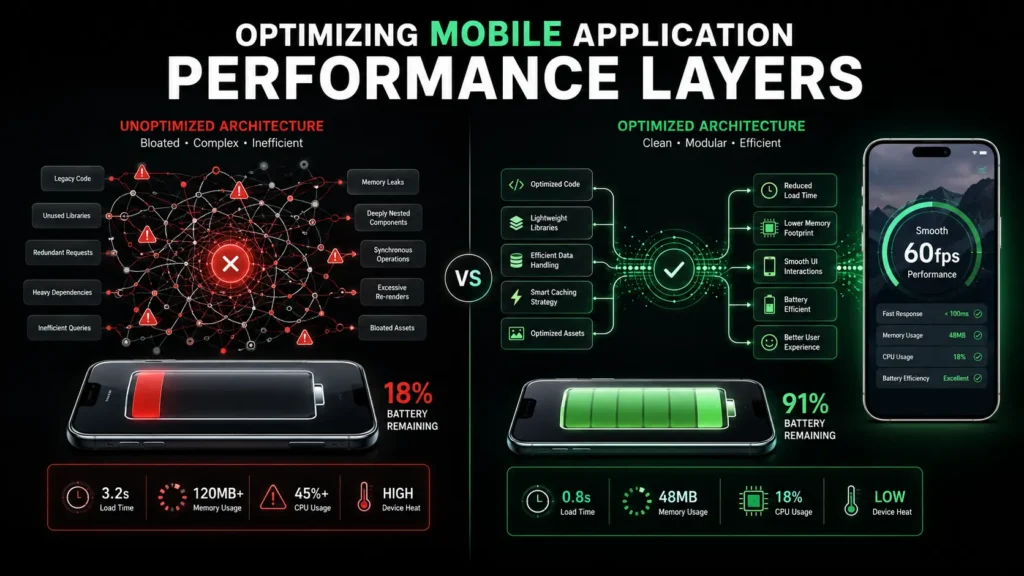 Split-screen layout displaying an unoptimized bloated data architecture draining a battery on the left versus a clean streamlined framework running a smooth fluid UI on the right.
