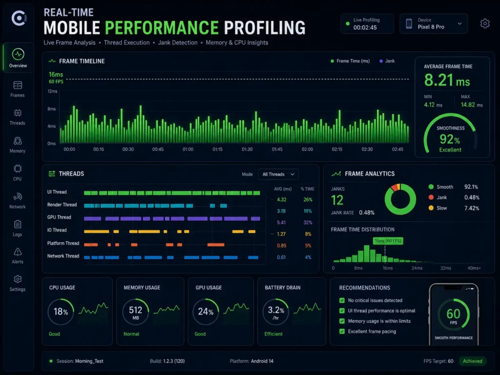 Engineering interface analyzing framework thread execution times and frame rebuild loops.