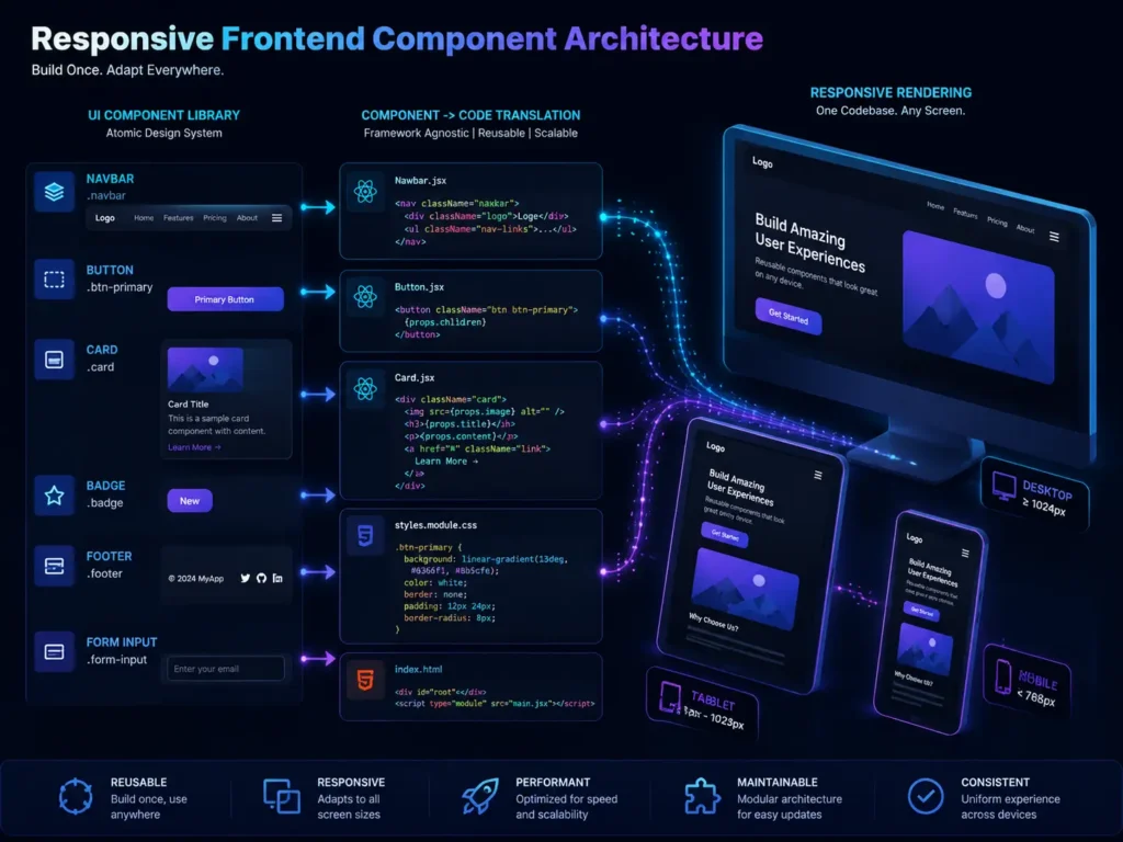 Abstract diagram illustrating UI components being translated into responsive code blocks across various devices.