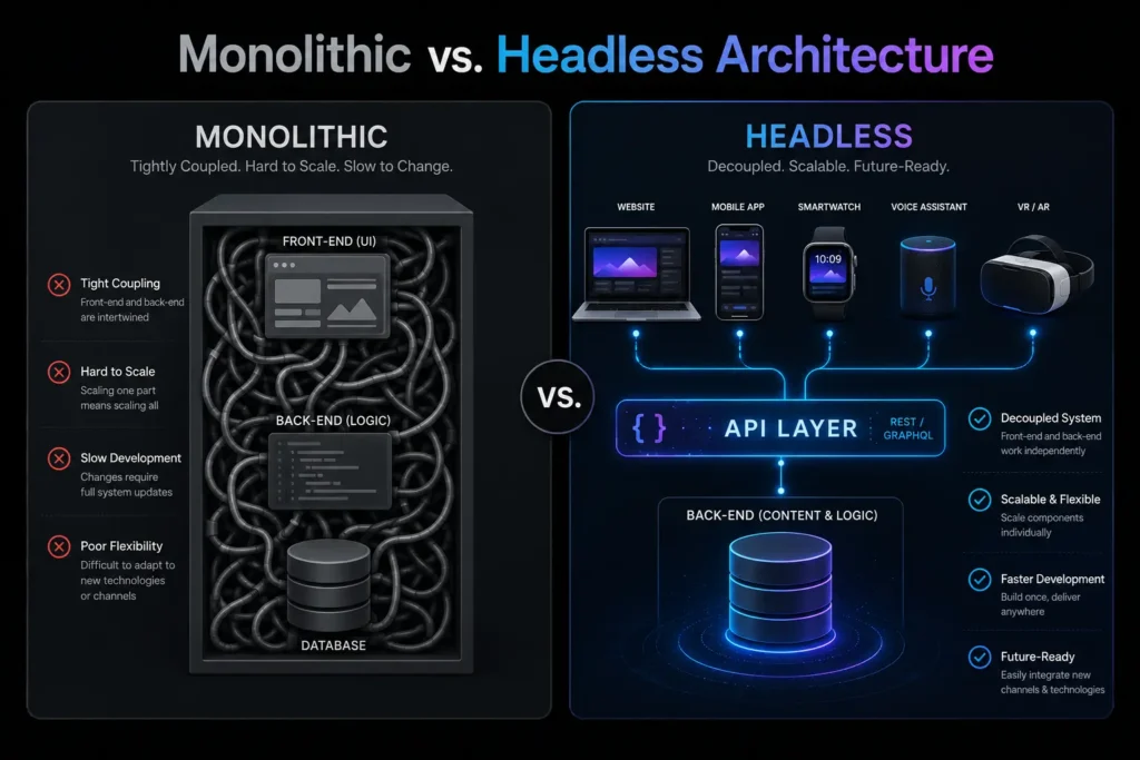  Headless web architecture comparison diagram showing tangled monolithic CMS versus clean decoupled headless architecture with API bridge.