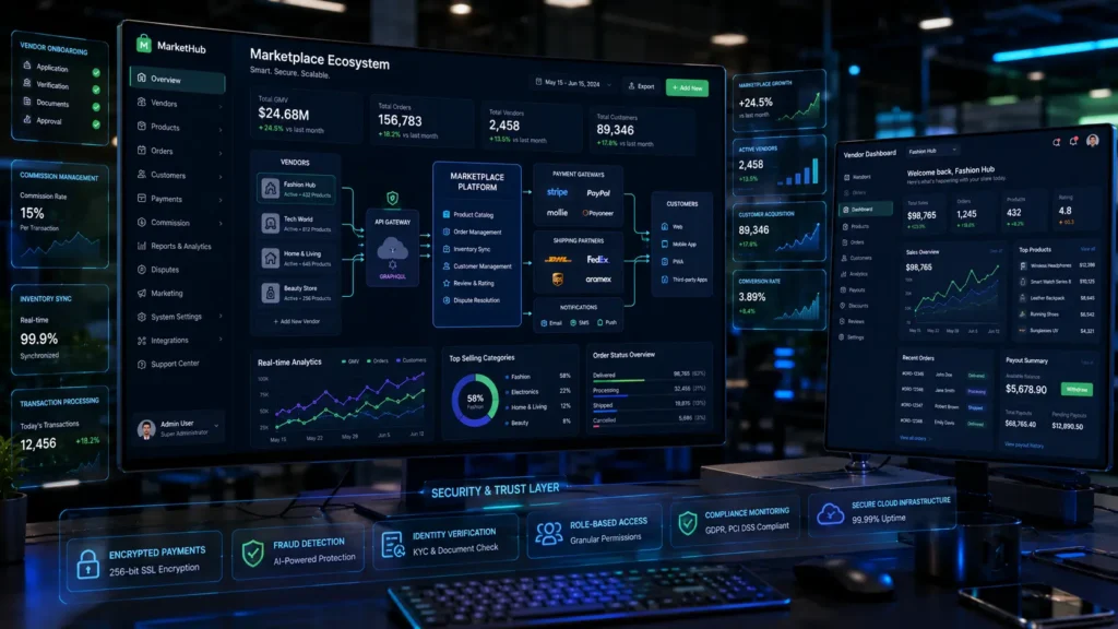 Multi-vendor marketplace architecture showing payment processing, vendor dashboards, order management, and scalable eCommerce infrastructure.